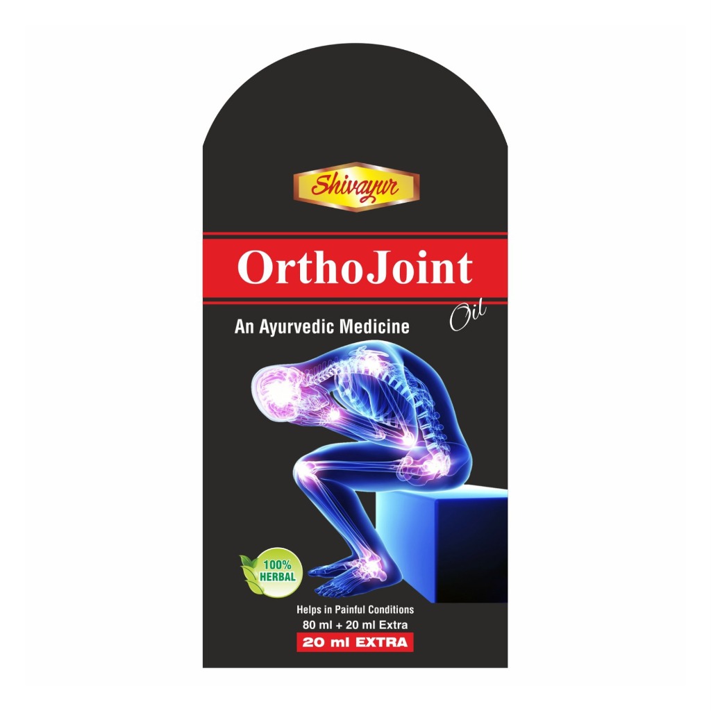 Shivayur OrthoJoint Oil front label design with anatomical joint mobility illustration