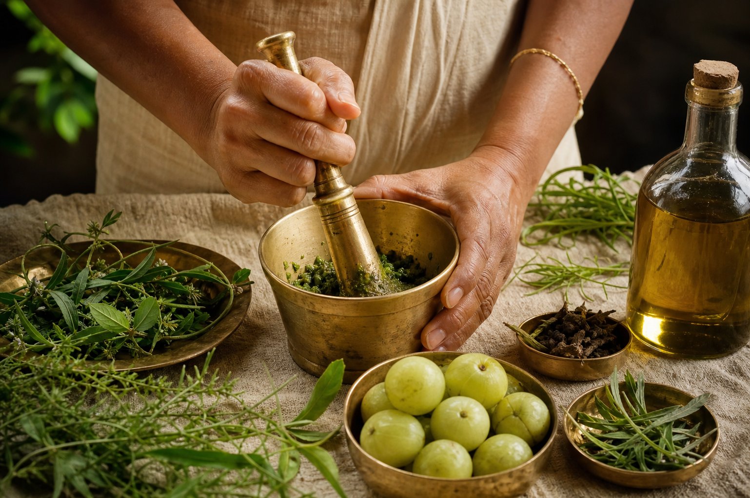 Shivayur artisan preparing Ayurvedic herbs in a traditional workshop